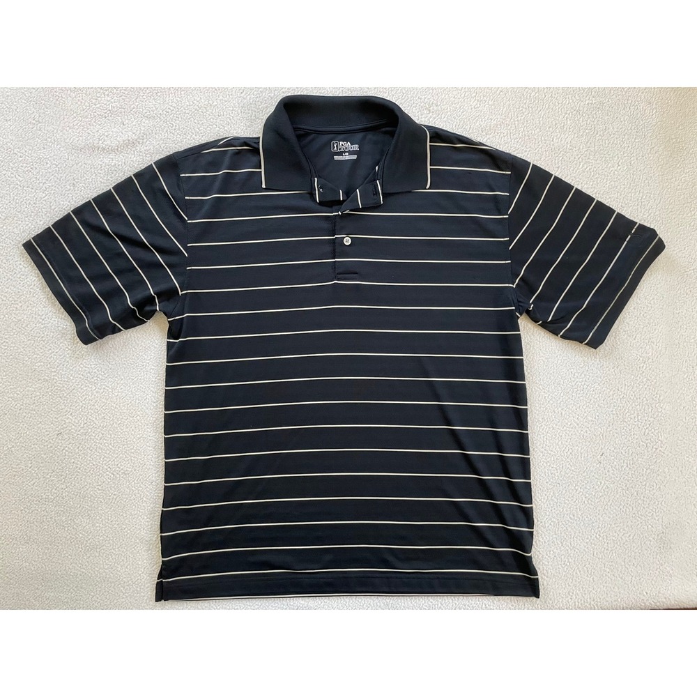 PGA Tour Mens Large Polo Shirt Black Striped Short Sleeve Performance Golf